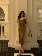 Sexy Sheath Spaghetti Straps Brown Satin Tea Length Slit Prom Dresses Birthday Outfit SD776