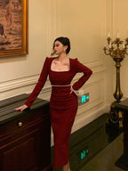 Stunning Sheath Square Neckline Long Sleeves Date Night Dress Red Prom Dresses Birthday Outfit SD839