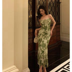 Elegant Sheath Spaghetti Straps Floral Green Prom Dresses Birthday Outfits Evening Gown SD943