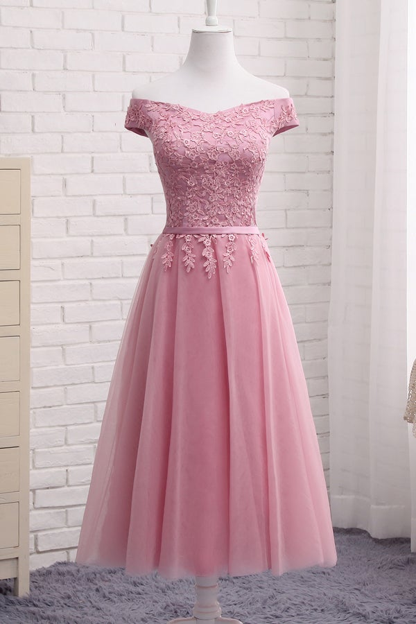 Pink A Line Lace Off Shoulder Prom Dress,Sexy Formal Dress