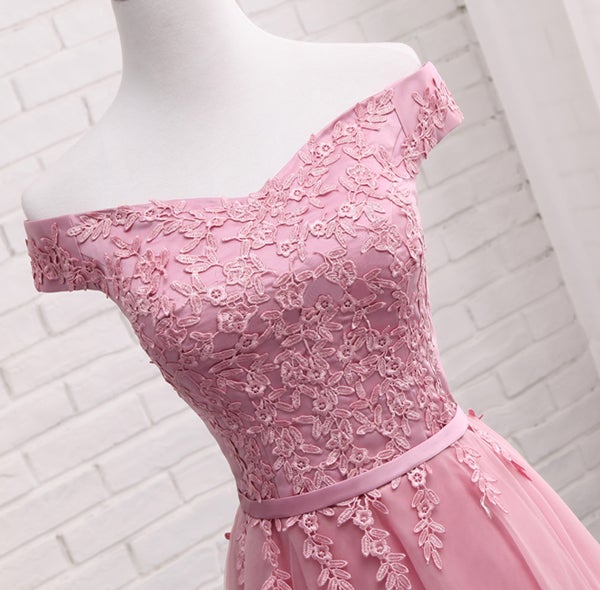 Pink A Line Lace Off Shoulder Prom Dress,Sexy Formal Dress