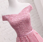 Pink A Line Lace Off Shoulder Prom Dress,Sexy Formal Dress