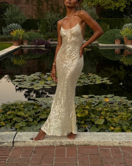 Shiny Champagne Spaghetti Straps Sequin Mermaid Party Dress Long Wedding Guest Dress D1168