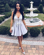 Silver Satin V Neck Homecoming Dresses Lace Appliques Prom Short Dress