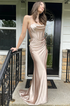 Champagne Spaghetti Straps Prom Dresses With Slit,Fitted Evening Dress