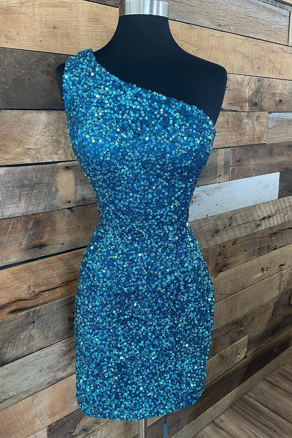 Sparkle Blue Sequined One-shoulder Dress Design A-line Short Bodycon Homecoming Dress TP3572