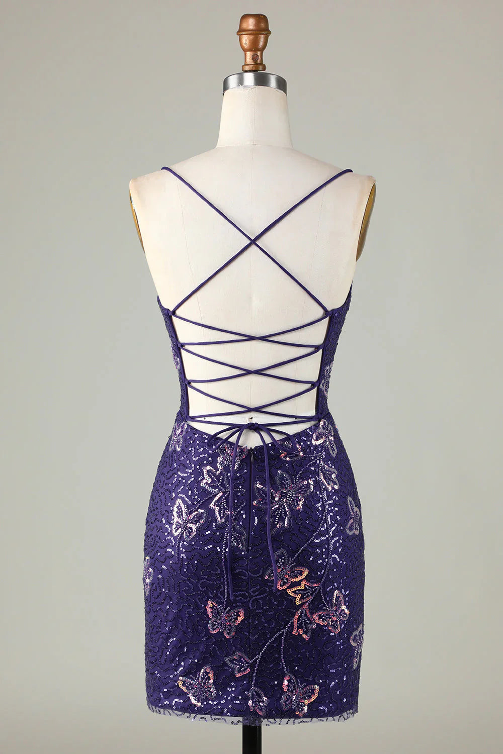 Sparkly Sheath Spaghetti Straps Dark Purple Short Homecoming Dress With Criss Cross Back