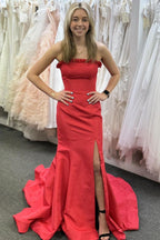 Classy Red Strapless Satin Mermaid Long Prom Dress with Slit