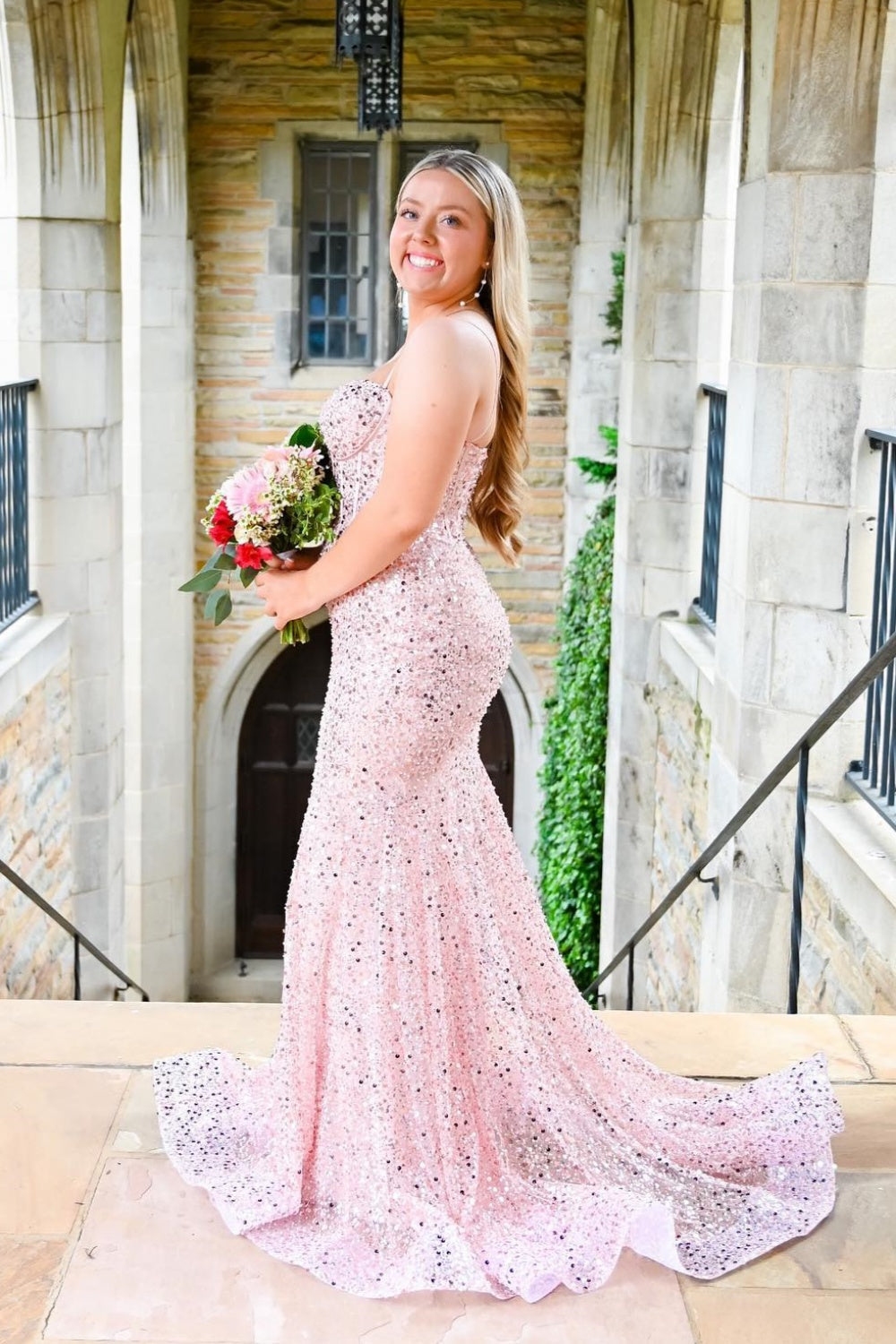 Straps Light Blue Sequin Long Formal Dress with Beaded