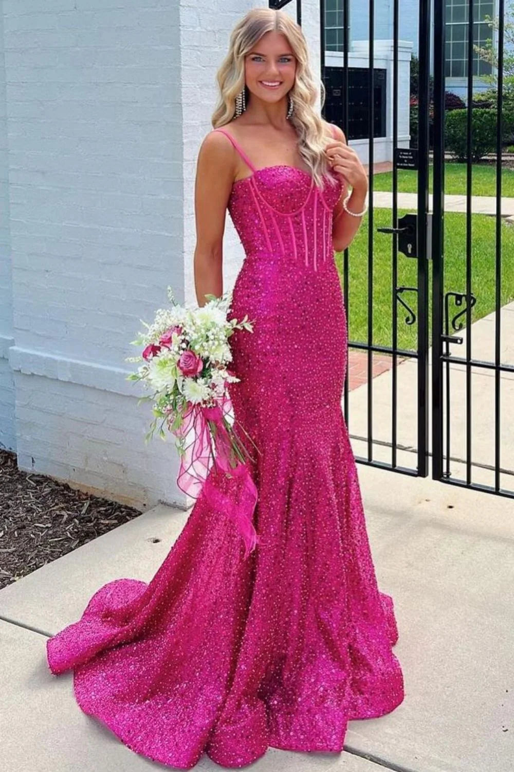 Straps Light Blue Sequin Long Formal Dress with Beaded