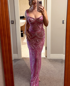 Gorgeous Pink Spaghetti Straps Sequin Beaded Long Evening Dress Formal Party Gown D872