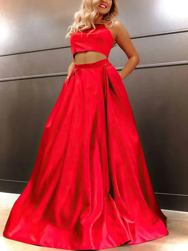 Two Pieces Red Prom Dresses A-Line Satin Evening Gown