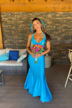 V-neck Open Back Ruched Mermaid Graduation Dress Formal Dresses Long