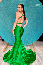 Simple V-neck Green Mermaid Long Prom Dress Open Back