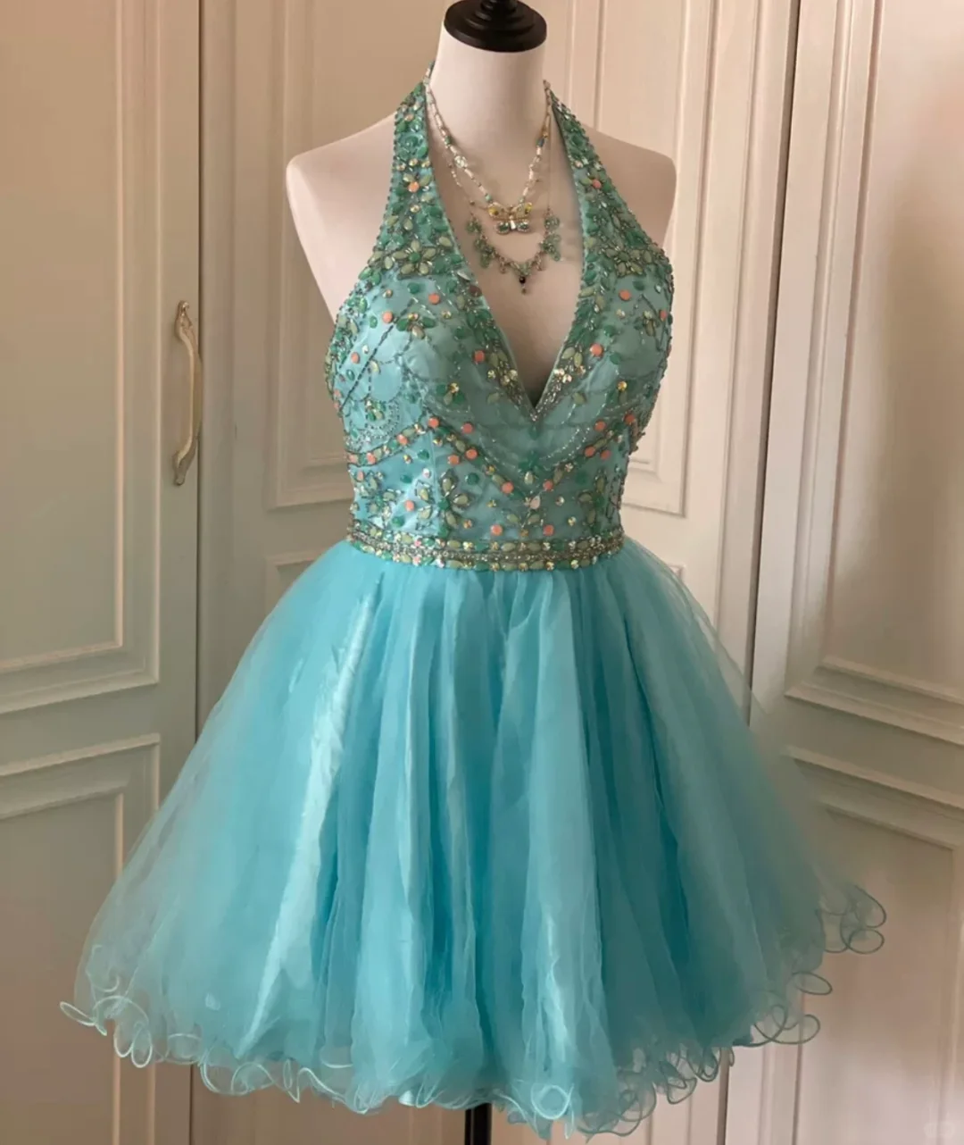 Vintage Blue Tulle Beaded Sleeveless A Line Birthday Dress Homecoming Dress S541