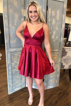 V Neck Short Burgundy Satin Prom Dress, V Neck Burgundy Homecoming Dress, Burgundy Short Formal Evening Dress