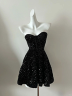 Charming A Line Strapless Sequin Homecoming Dress Black Short Graduation Dress 18th Birthday Party Dress S912