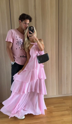 Pink A-line Tiered Prom Dress,Backless Chiffon Evening Dresses