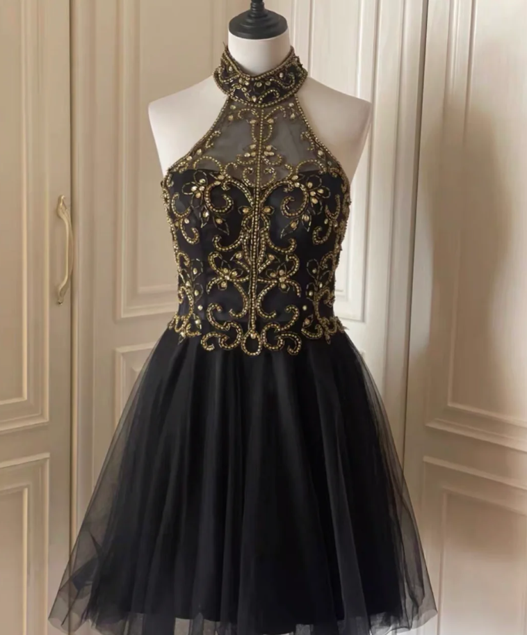 Stylish Halter Tulle Beaded A Line Homecoming Dress Black Sleeveless Birthday Dress Cocktail Dress S544