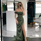 Charming Olive Green Prom Dress Slit Leg Open Backs Formal Dresses