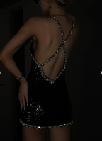 Gorgeous Black Spaghetti Straps Sequin Beaded Cocktail Dress Short Backless Homecoming Dress S396