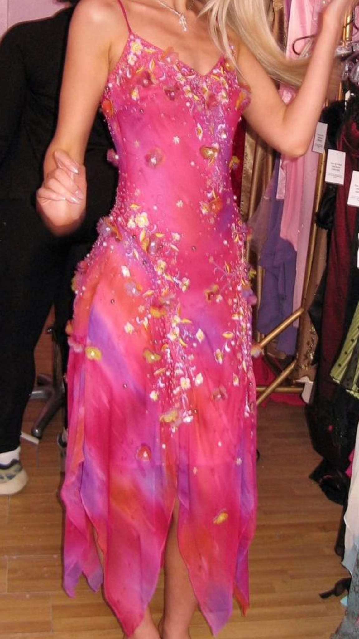 Pretty Pink Spaghetti Straps Pink V Neck Chiffon Beaded Appliques Mermaid Party Dress Evening Dress D1143