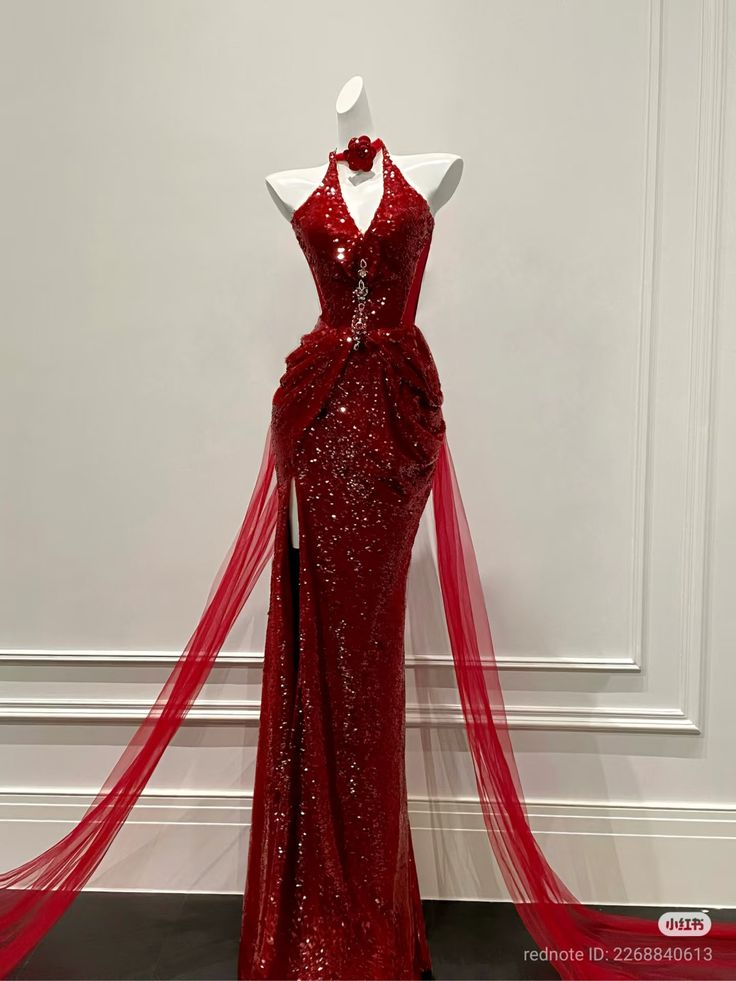 Sexy Halter Red Sequin Mermaid Party Dress Slit Prom Dress S210