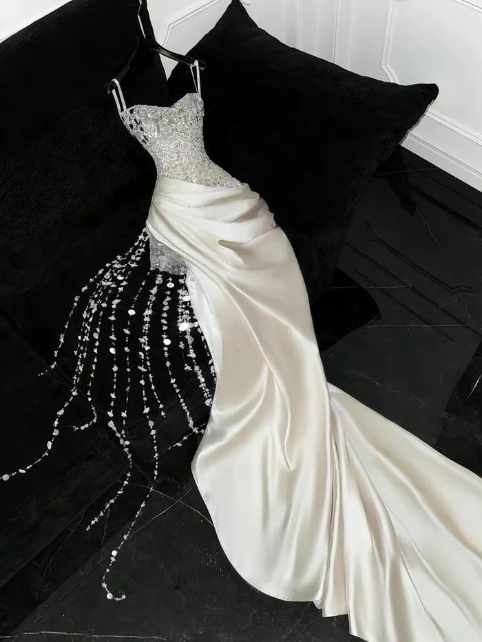 Ivory Beaded Long Prom Dress Sexy Evening Party Gown Birthday Dress fg8214