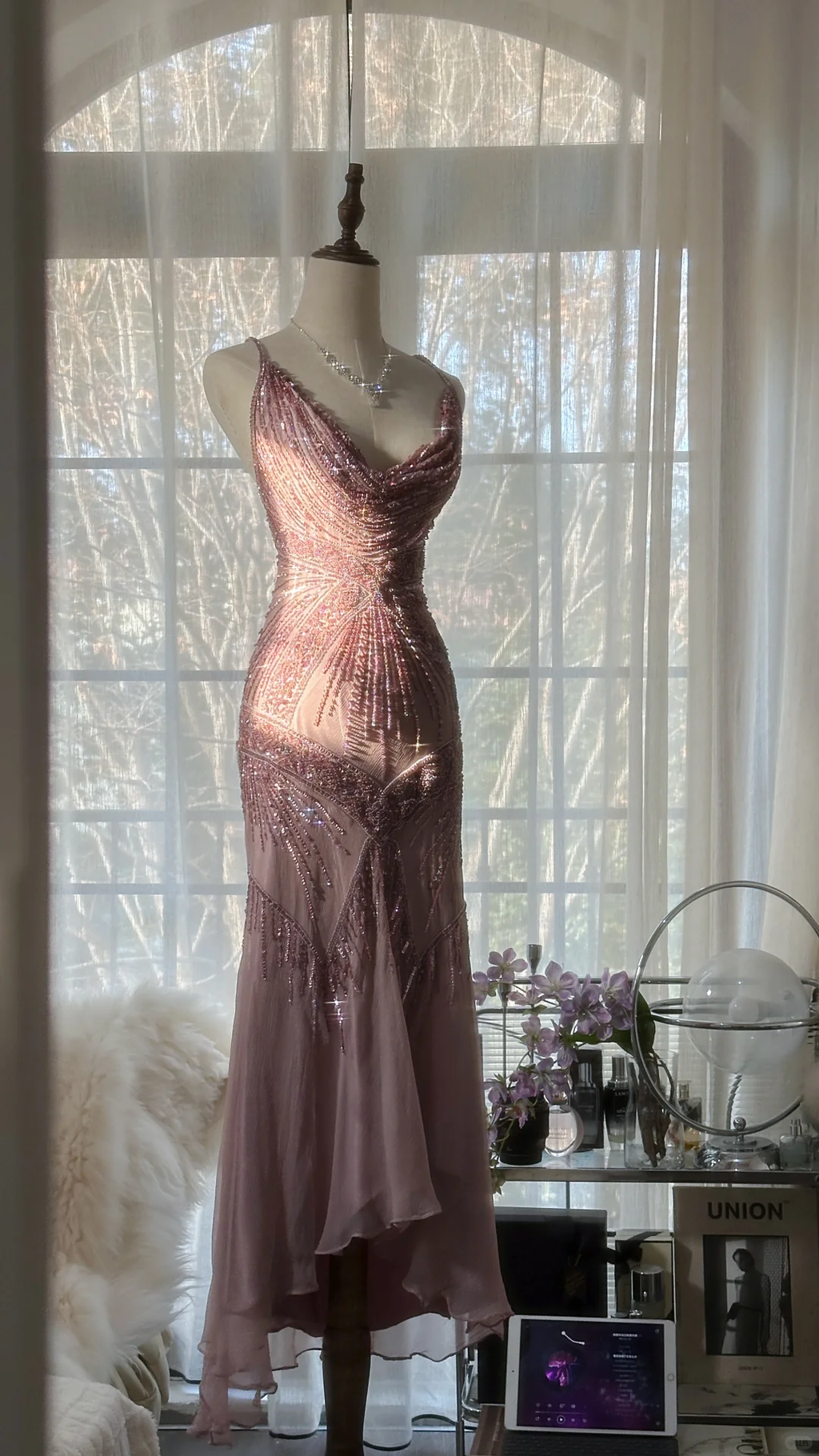 Vintage Pink Sparkling Elegant Beaded Sweetheart Romantic Chiffon Evening Dress TP3978