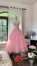 Vintage Pink Strapless Sweetheart Design Romantic Chiffon Tiered Evening Dress Prom Dress TP3994