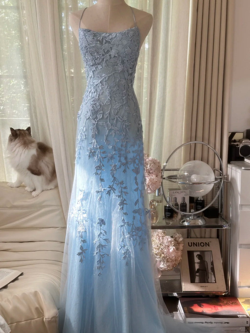 Retro Light Blue Applique Backless Design Romantic Chiffon Evening Dress Prom Dress TP3996