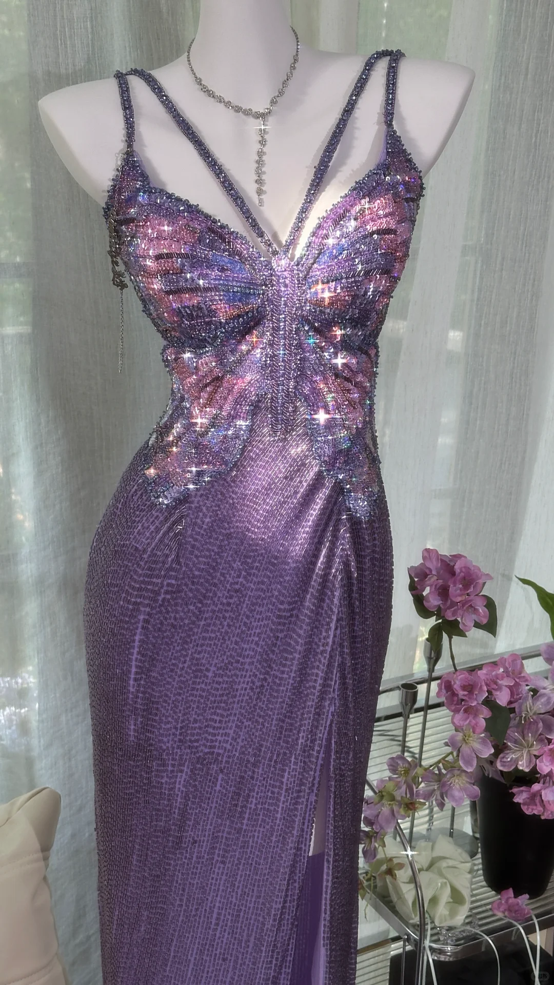 Vintage Gorgeous Purple V-neck Sparkling Romantic Luxury Spaghetti Strap Evening Dress Prom Dresses TP3957