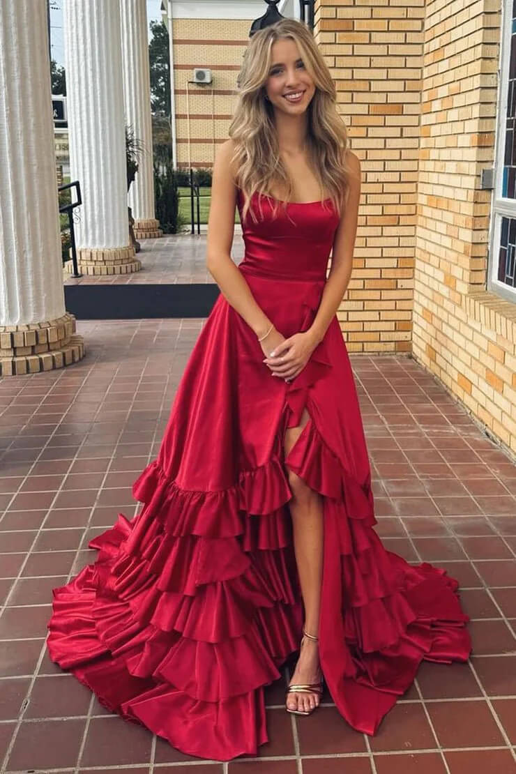 Strapless A Line Lace-Up Ruffled Tiered Prom Dress with Slit