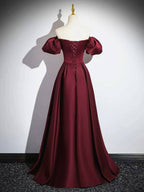 Unique Burgundy Prom Dress Short Sleeve A-line Satin Maxi Dresses Formal