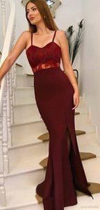 Burgundy Spaghetti Straps Sweetheart Lace Top Mermaid Side-slit Long Prom Dress