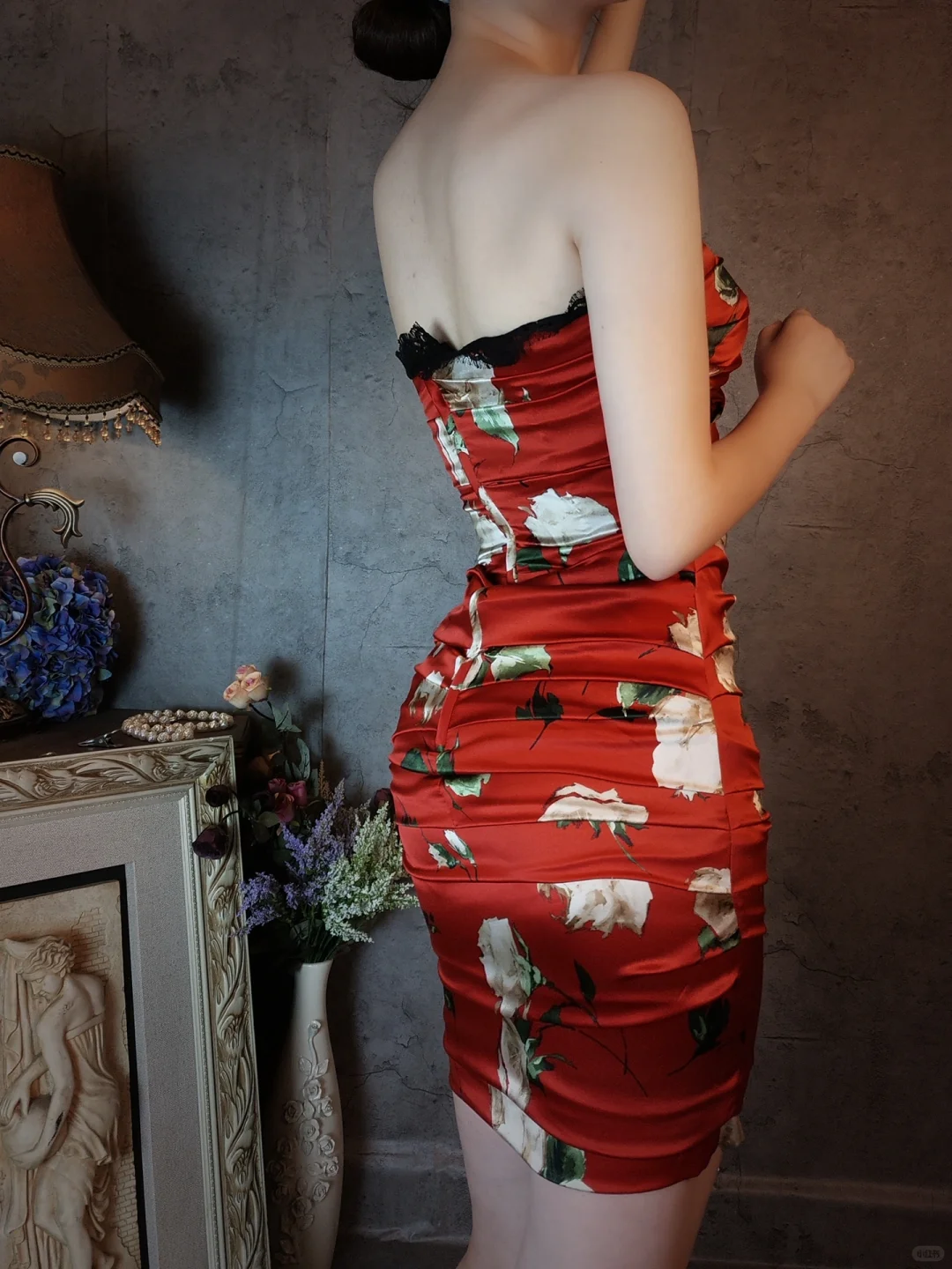 Vintage Red Floral Design Satin Strapless Romantic A-line Short Homecoming Dress TP4028