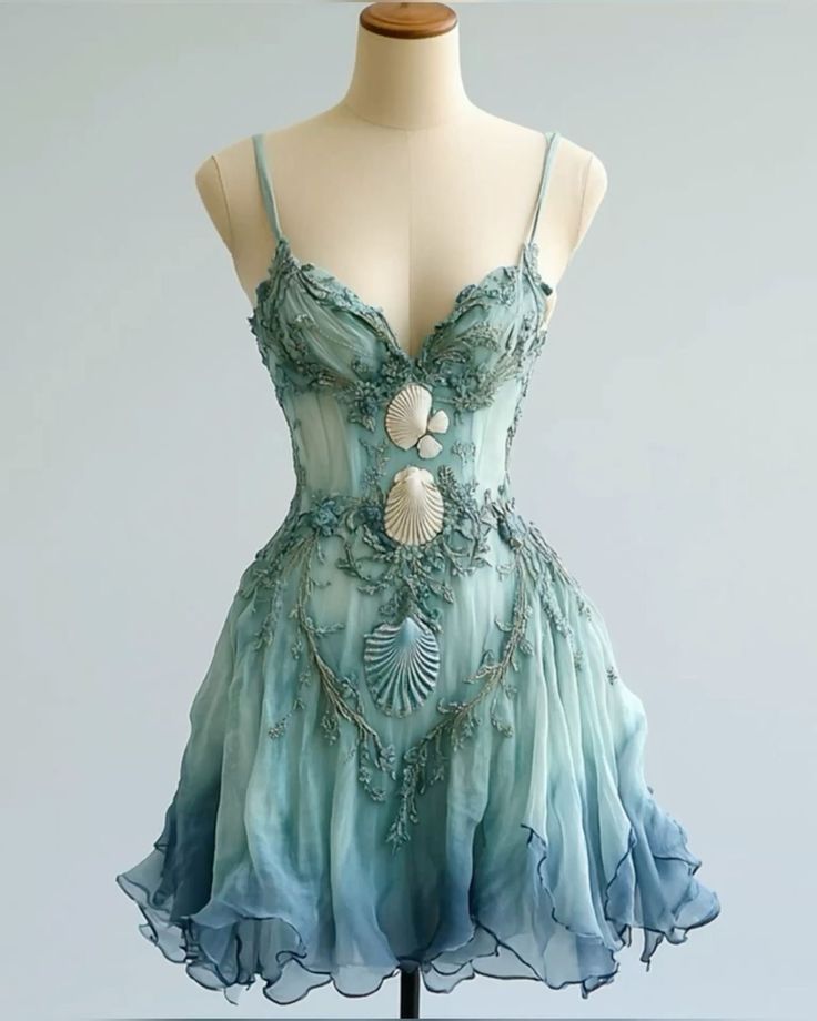 (out of stock)Green Blue Gradient Fairy Ocean Shell Floral Short Chiffon Homecoming Dress gh4658