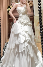 Romantic Strapless 3D Floral Ruffled Mermaid Tiered Chiffon Wedding Dress TP5321