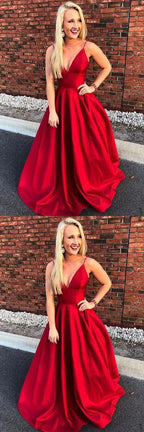 Simple Straps A-line Red Spaghetti Straps V Neck Long Prom Dress cg1073