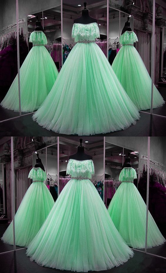 Chic Boho Style Mint Green Prom Dresses Ball Gowns Lace Ruffle Sleeves Evening Gowns Off The Shoulder   cg11569
