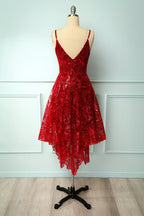 Burgundy v neck lace high low prom dress lace formal dress   cg12836