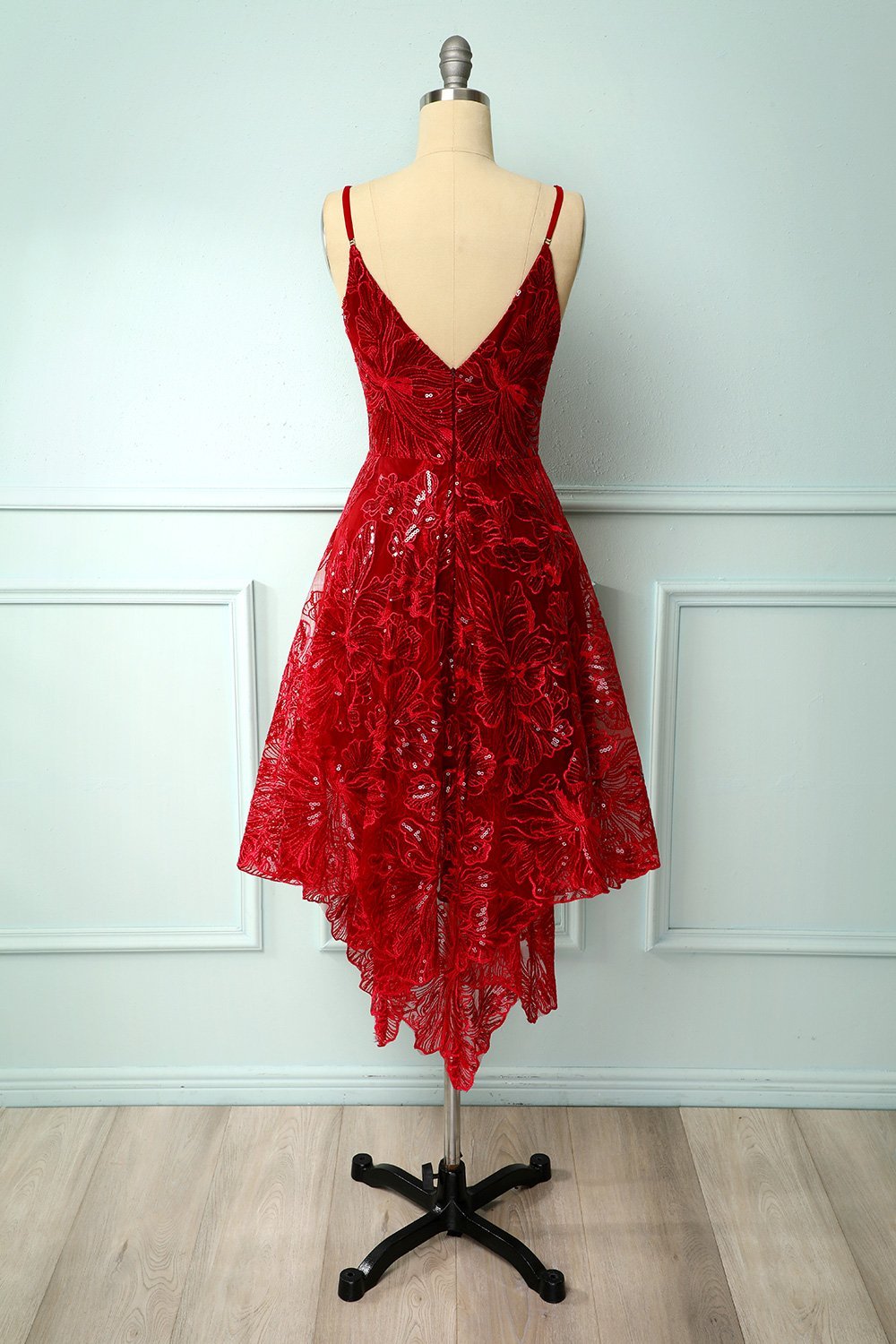 Burgundy v neck lace high low prom dress lace formal dress   cg12836