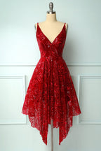 Burgundy v neck lace high low prom dress lace formal dress   cg12836