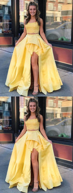 2 Pieces High Low Yellow Lace Prom Dresses, 2 Pieces Yellow Lace Formal Graduation Evening Dresses cg1786