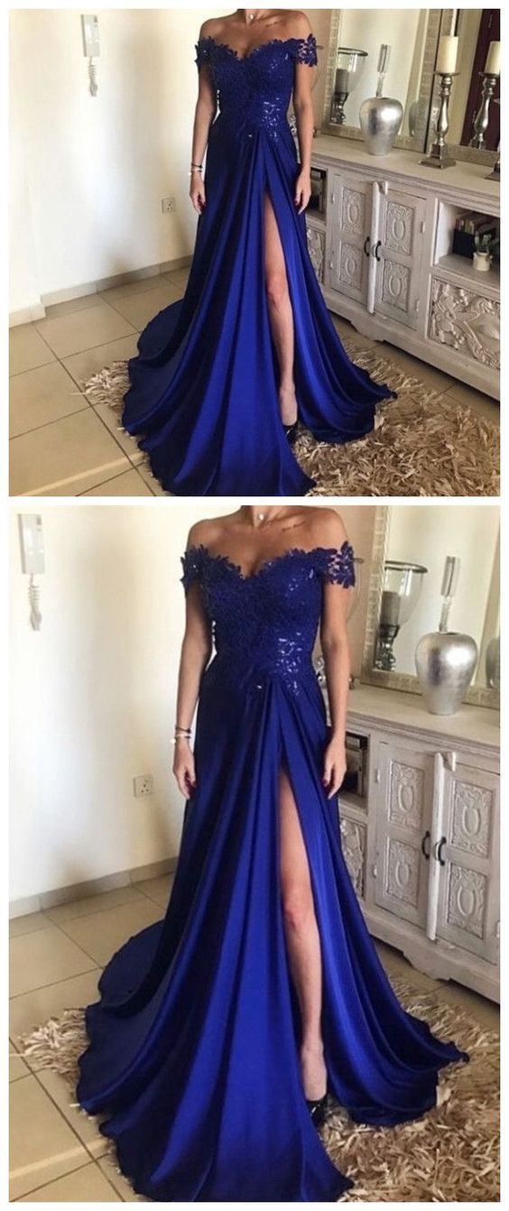 royal blue prom dress,off shoulder prom dress,charming prom gown with lace and split cg2126