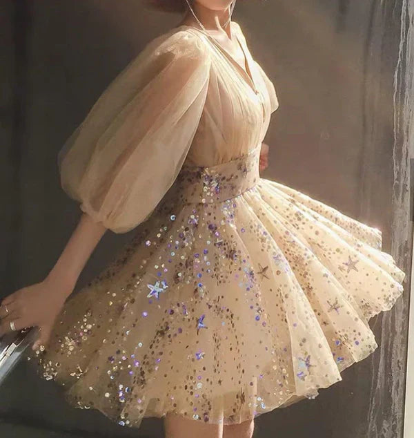 Chic Shiny Champagne Sequin Homecoming Dress V-neck Party Dress Short A-Line Cocktail Dress TP4667