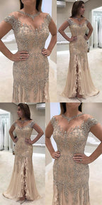 2019 Sheath Prom Dresses,Round Neck Prom Dresses,Light Champagne Prom Dresses,Chiffon Prom Dresses cg3932