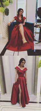 Stylish A Line V Neck Red Prom Dresses Long with Split Front Evening Dresses  cg6398