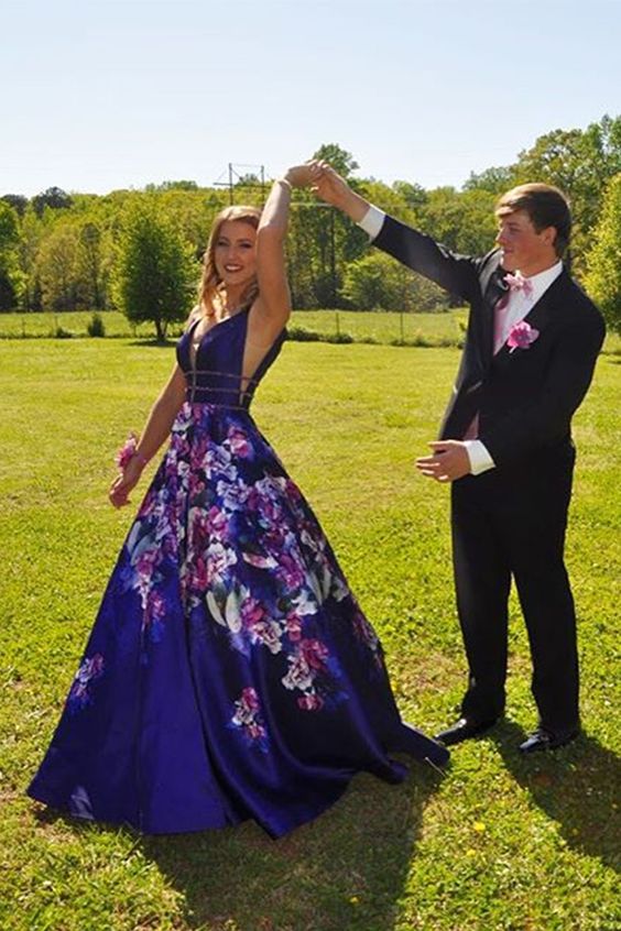 Floral Prom Dresses, Royal Blue Prom Dress   cg8564