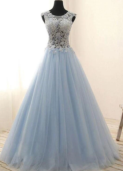 Light Blue Tulle With Lace Floor Length Party Dress, Blue Prom Dress  cg8767